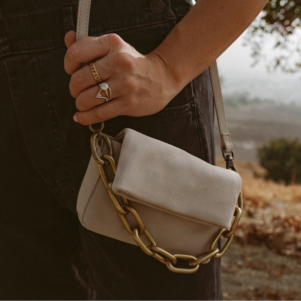Free People Charlie Chain Crossbody in taupe suede leather
